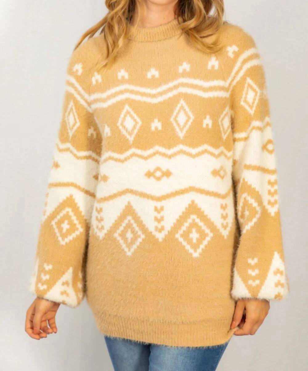NEW WHITE BIRCH women's aztec print sweater in taupe
